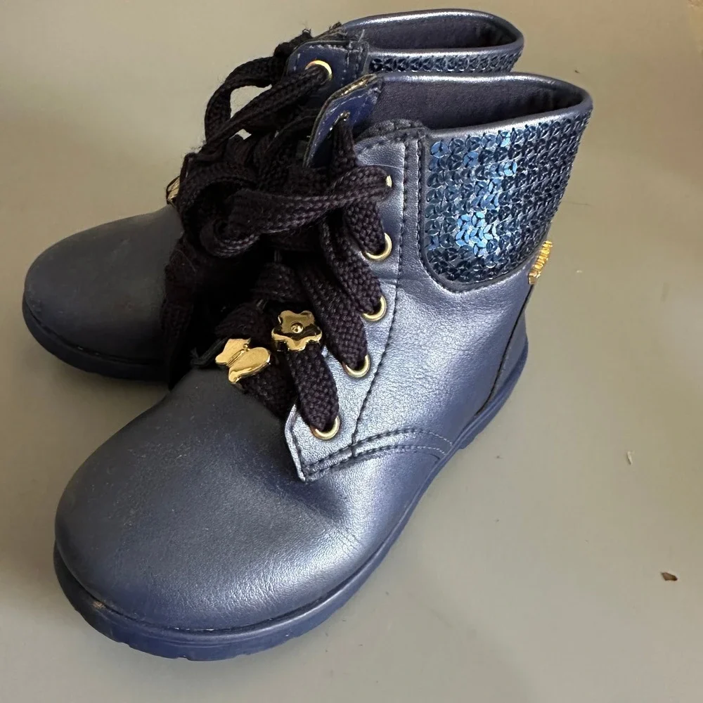Pampili Girls Navy Blue Metallic Sequin Lace Up Ankle Boots Gold Charms Zipper